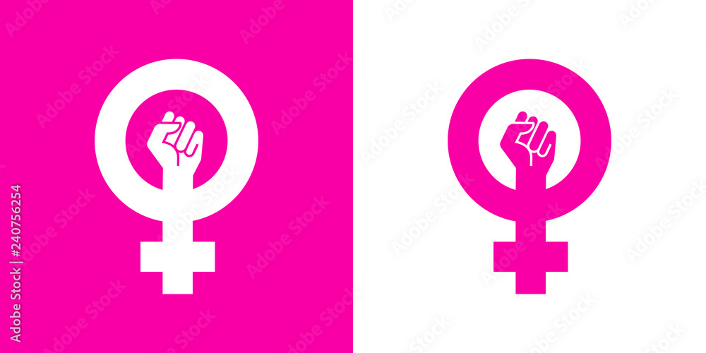 Icono plano símbolo feminista con puño en rosa y blanco - obrazy, fototapety, plakaty 