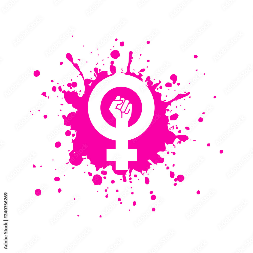 Icono plano símbolo feminista con puño en salpicadura en color rosa - obrazy, fototapety, plakaty 