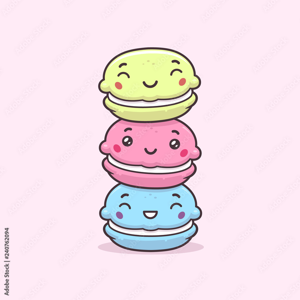 Cute happy macarons cookies stack vector cartoon kawaii illustration ...