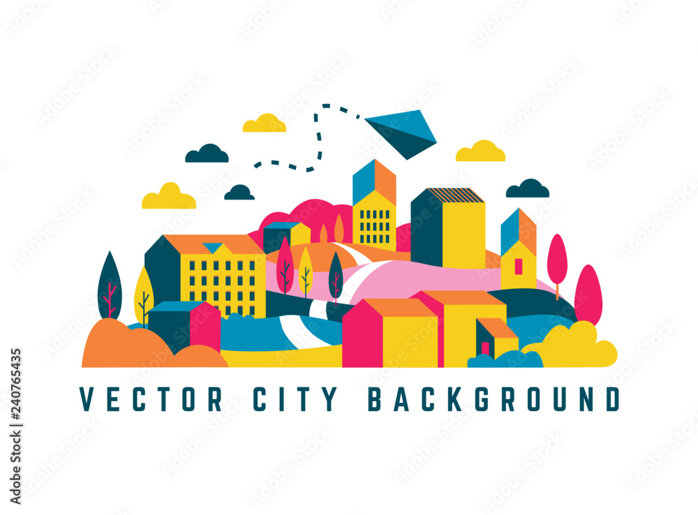 City landscape with buildings, hills and trees. Vector illustration in ...