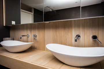 Wall Mural - Two modern sink in the bathroom, and big mirror, new empty house