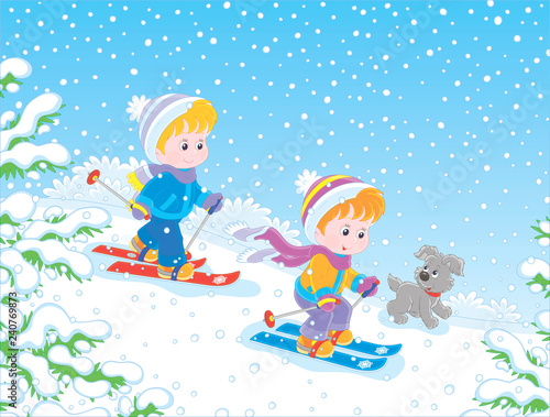 Small Children Skiing Down A Snow Hill In A Snow Covered Winter Park Vector Illustration In A Cartoon Style Stock Vector Adobe Stock