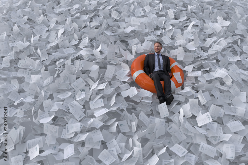 businessman are floating on the sea of paper - obrazy, fototapety, plakaty 