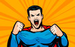 Superhero with fists. Pop art retro comic style. Cartoon vector illustration