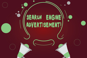 Handwriting text writing Search Engine Advertisement. Concept meaning Placing online advertisements on webpages Two Megaphone and Circular Outline with Small Circles on Color Background