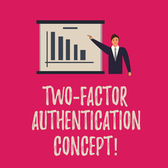 Handwriting text writing Two Factor Authentication Concept. Concept meaning two ways of proving your identity Man in Business Suit Standing Pointing a Board with Bar Chart Copy Space