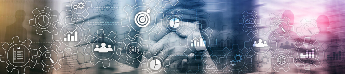 Wall Mural - business process abstract diagram with gears and icons. workflow and automation technology concept. 