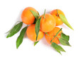Tasty ripe tangerines with leaves on white background, top view