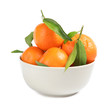 Bowl with tasty ripe tangerines on white background
