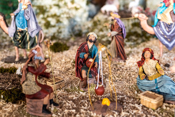 Religious figures of nativity scene at Christmas.