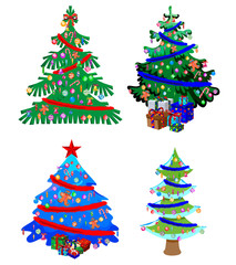 Star decorations, balls and light chains decorated Christmas trees with lots of gift boxes.