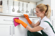 © New Africa - Female janitor cleaning cabinet with rag in kitchen