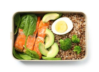 Container with natural healthy lunch on white background, top view. High protein food