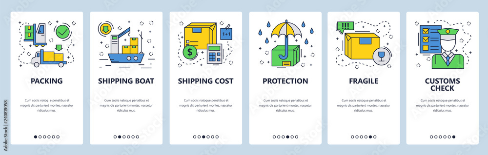 Web site onboarding screens. Worldwide delivery, cargo ship and custom ...