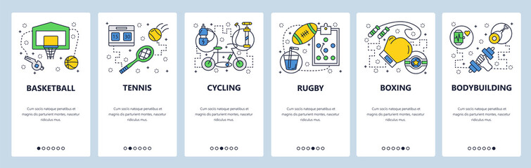 Web site onboarding screens. Sport icons. Basketball, tennis, cycling, rugby, boxing. Menu vector banner template for website and mobile app development. Modern design linear art flat illustration.