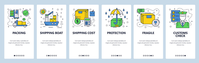 Web site onboarding screens. Worldwide delivery, cargo ship and custom. Menu vector banner template for website and mobile app development. Modern design linear art flat illustration.