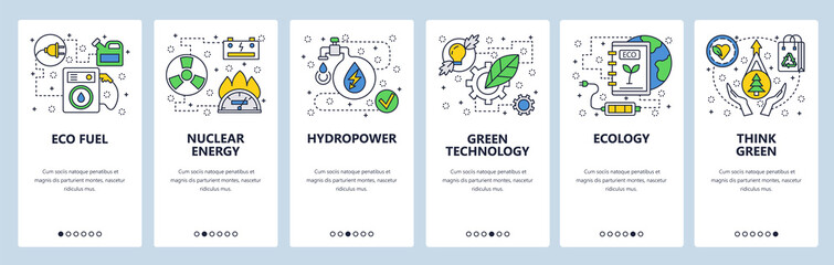 Wall Mural - web site onboarding screens. ecology and green energy technology. menu vector banner template for we