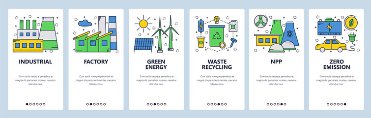 Wall Mural - Web site onboarding screens. Green and renewable energy. Power station and zero emission. Menu vector banner template for website and mobile app development. Modern design linear art flat illustration
