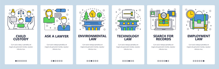 Wall Mural - web site onboarding screens. family, technology, environmental law, court records. menu vector banne