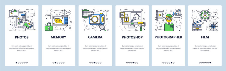 Web site onboarding screens. Photo camera, memory card, photos editing software. Menu vector banner template for website and mobile app development. Modern design linear art flat illustration.