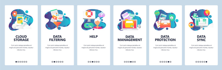 Web site onboarding screens. Computer and internet services, cloud storage and data sync. Menu vector banner template for website and mobile app development. Modern design linear art flat illustration