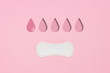 © Alex - Feminine hygiene pad on a pink background. Concept of feminine hygiene during menstruation. Added drop mark, absorption level. One drop. Flat lay, top view
