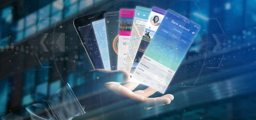 Wall Mural - businessman holding mobile application template on a smartphone 3d rendering