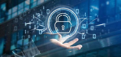 businessman holding security padlock wheel icon with stats and binary code 3d rendering