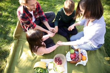 Wall Mural - Family praying before meal in park