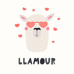 Wall Mural - Hand drawn Valentines day card with cute funny llama in heart shaped glasses, text Llamour. Vector illustration. Scandinavian style flat design. Concept for celebration, invite, children print.