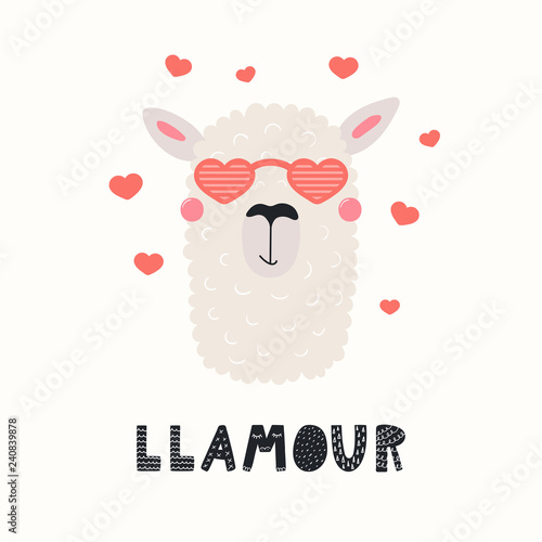 Hand drawn Valentines day card with cute funny llama in heart shaped glasses,...