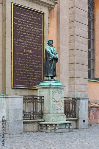 Fotomural Sculpture of Olaus Petri, a Swedish Protestant Reformer, in front of the Stockholm Cathedral, Sweden