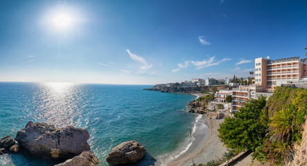 Aerial view of  touristic town Nerja in Costa del Sol in winter from 