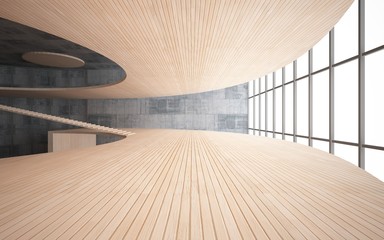 Abstract  concrete and wood interior multilevel public space with window. 3D illustration and rendering.