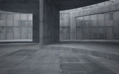  Abstract  concrete interior multilevel public space with window. 3D illustration and rendering.