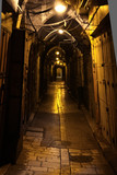 Fototapeta Uliczki - Vaults of the cave street. Dark nightly narrow streets of the old city,