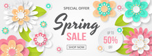 Spring Sale Banner With Beautiful Colorful Flower. Can Be Used For Template, Banners, Wallpaper, Flyers, Invitation, Posters, Brochure, Voucher Discount. Vector Illustration