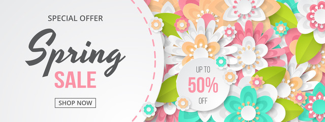 Poster - Spring sale banner with beautiful colorful flower. Can be used for template, banners, wallpaper, flyers, invitation, posters, brochure, voucher discount. Vector illustration