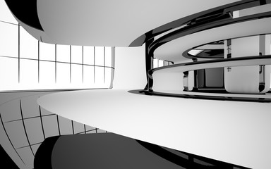 Abstract dynamic interior with white smooth objects and black room . 3D illustration and rendering