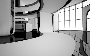 Abstract dynamic interior with white smooth objects and black room . 3D illustration and rendering