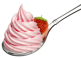 Wall Mural - Whipped frozen yogurt or cream and strawberry in spoon isolated on white background.