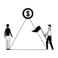 Poster - businessmen with flag mountain coin on top