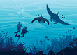 © Natali Snailcat - Scuba divers, mantas, coral reef, fishes. Underwater sea nad water sport.