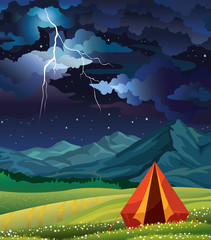 Wall Mural - Summer camp - tent, grass, mountain, lightning and night sky.