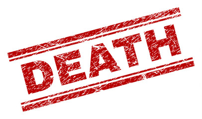 DEATH seal print with grunge effect. Red vector rubber print of DEATH label with retro texture. Text title is placed between double parallel lines.