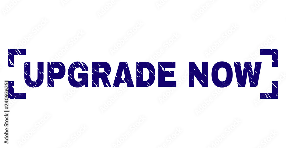 UPGRADE NOW label seal print with grunge texture. Text tag is placed inside corners. Blue vector rubber print of UPGRADE NOW with dust texture.