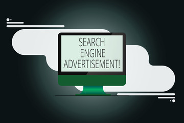 Writing note showing Search Engine Advertisement. Business photo showcasing Placing online advertisements on webpages Mounted Computer Monitor Blank Reflected Screen on Abstract Background