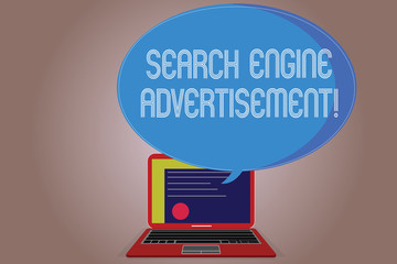 Writing note showing Search Engine Advertisement. Business photo showcasing Placing online advertisements on webpages Certificate Layout on Laptop Screen and Halftone Speech Bubble