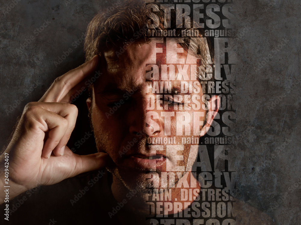 depression composite with words like pain and anxiety composed into face of young sad  man suffering stress and headache feeling sick and frustrated isolated on grunge black - obrazy, fototapety, plakaty 