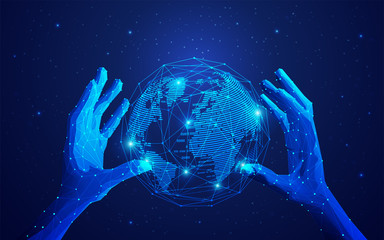 Wall Mural - concept of global network or communication technology, futuristic hands holding wireframe globe